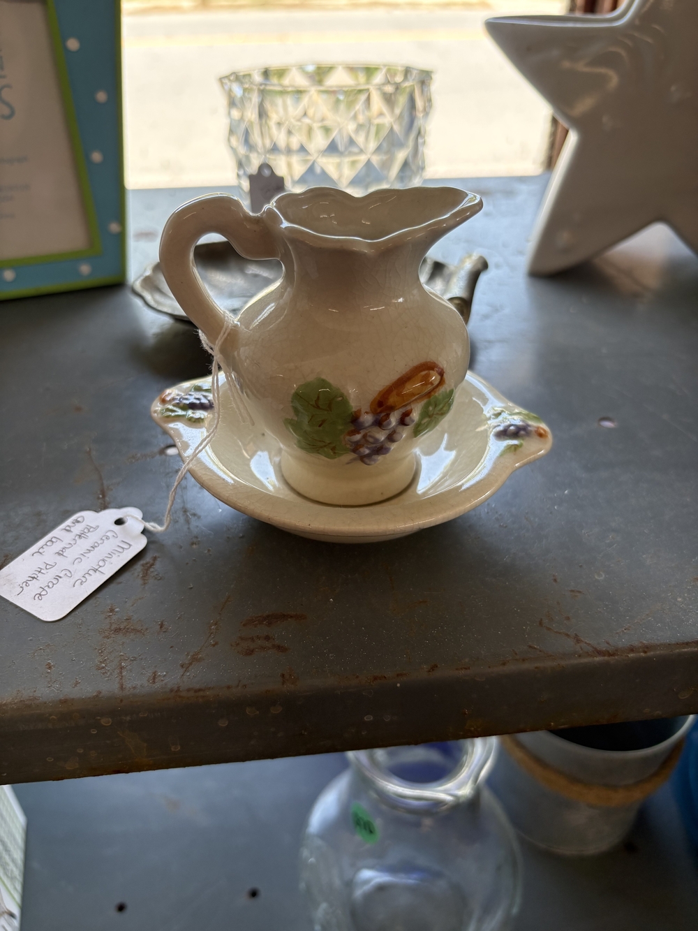 Vintage Ceramic Pitcher with Trinket Dish - Cream with Fruit Motif